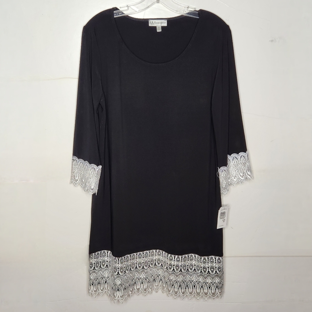 Neiman Marcus Lace Trim Dress Wonens 10 Shift Knee Length Black Wednesday Goth